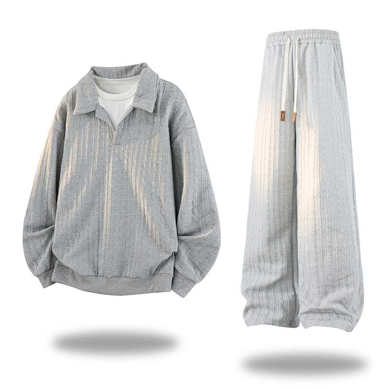 Herren Oversize Strukturiertes Lounge‑Set mit Polokragen, Zopfmuster‑Optik & weitem Bein Drune