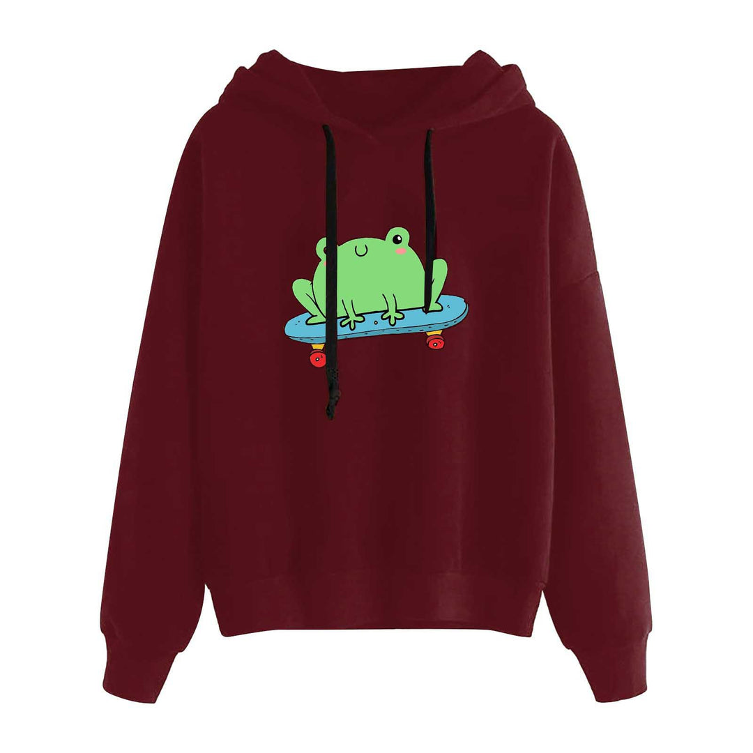 Damen nan kurz geschnittener Cropped-Kapuzenpullover mit niedlicher Frosch-Illustration und verstellbarer Kapuze Drune