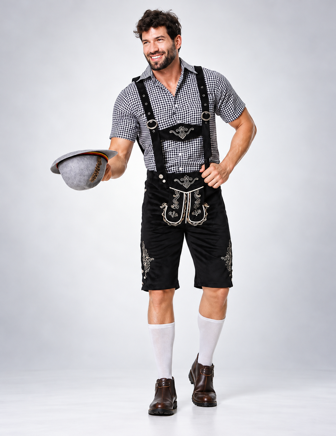 Herren nan bayerisches Trachten-Set Kniebundhose mit besticktem Vorderspiegel und verstellbaren Hosenträgern Drune