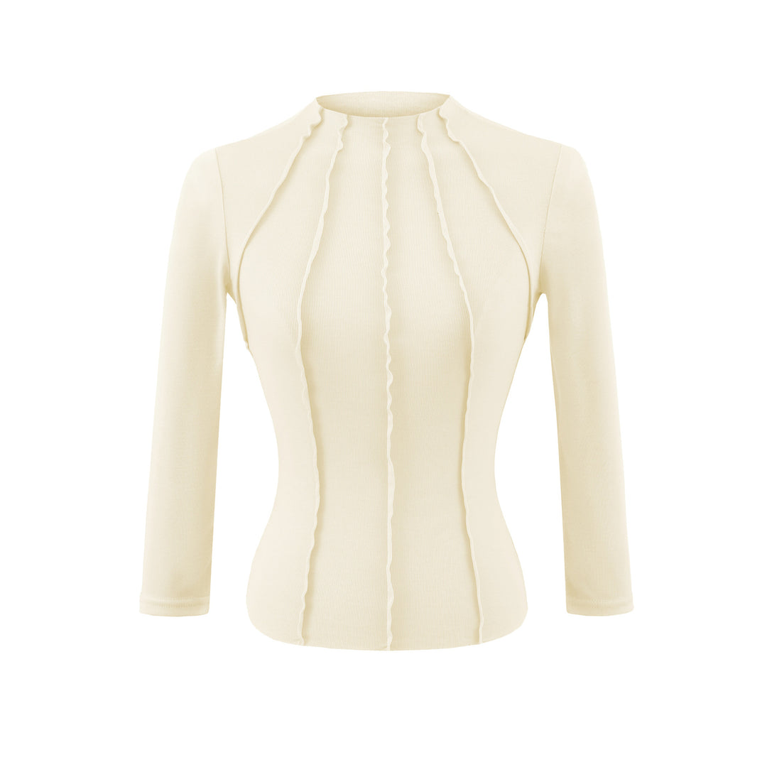 Damen Figurbetontes Langarmshirt mit Stehkragen und Zier-Volants Drune
