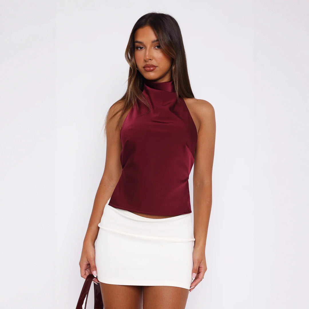 Damen Elegantes Hochgeschlossenes Top aus Satin Drune