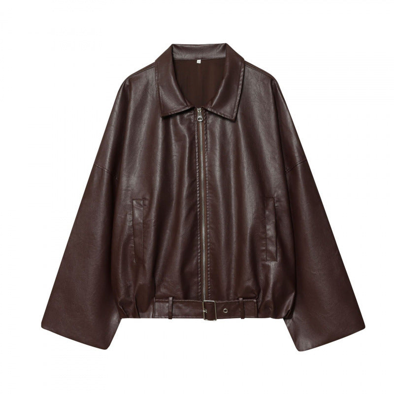 Damen modische Kunstlederjacke mit breiten Ärmeln und praktischen Taschen Drune