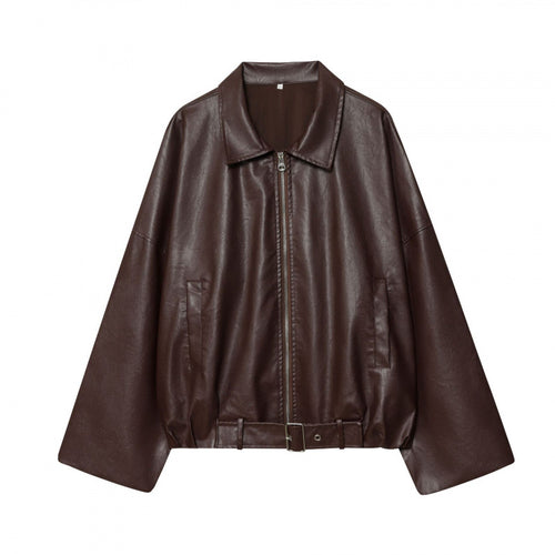 Damen modische Kunstlederjacke mit breiten Ärmeln und praktischen Taschen Drune