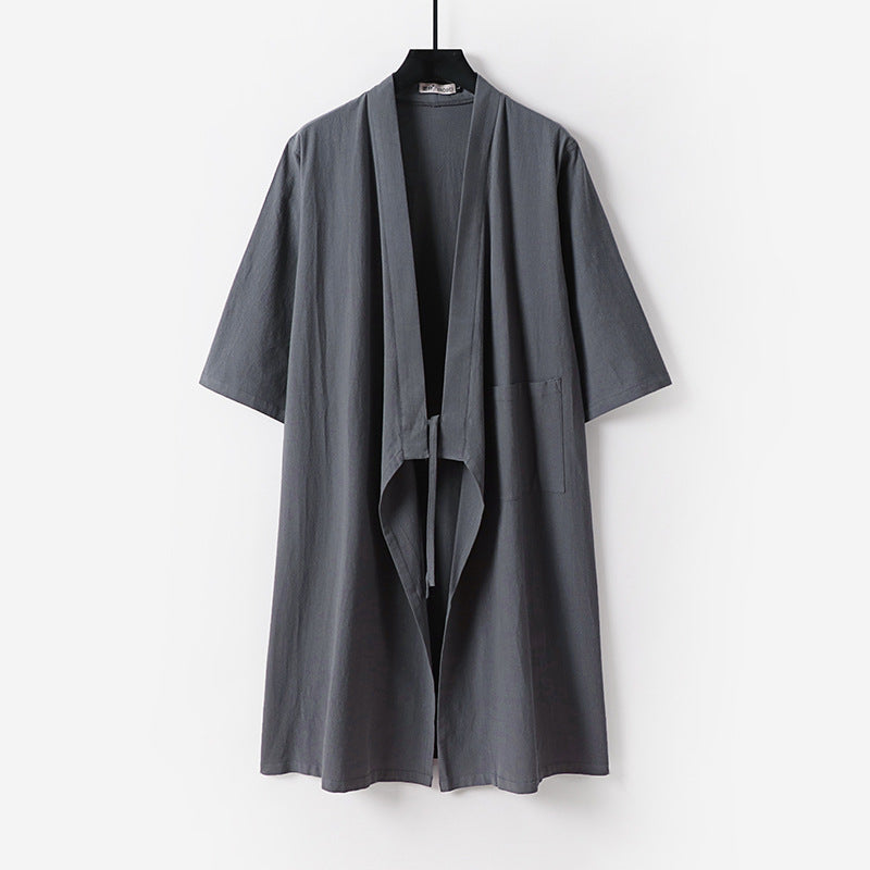 Unisex Oversize Kimono-Mantel aus Baumwollmischung mit Bindeband und Dreiviertelärmeln Drune