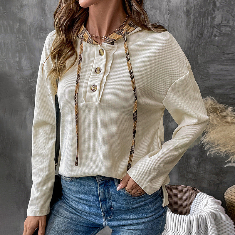 Damen Modisches Langarmshirt mit Kapuze und Karodetails Drune