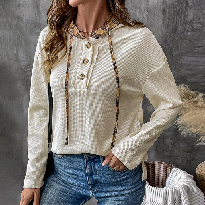 Damen Modisches Langarmshirt mit Kapuze und Karodetails Drune
