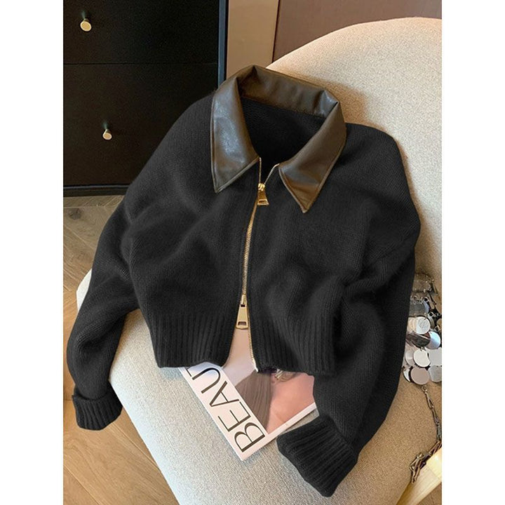 Damen Strickjacke mit Lederkragen Drune