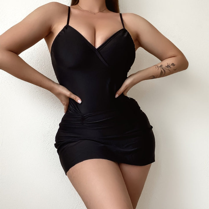 Damen Eleganter Wickel-Badeanzug mit hüftbedeckendem Rock Drune