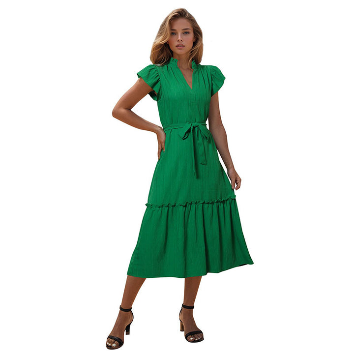 Damen Midi-Wickelkleid mit Rüschendetails und elastischem Taillenzug Drune