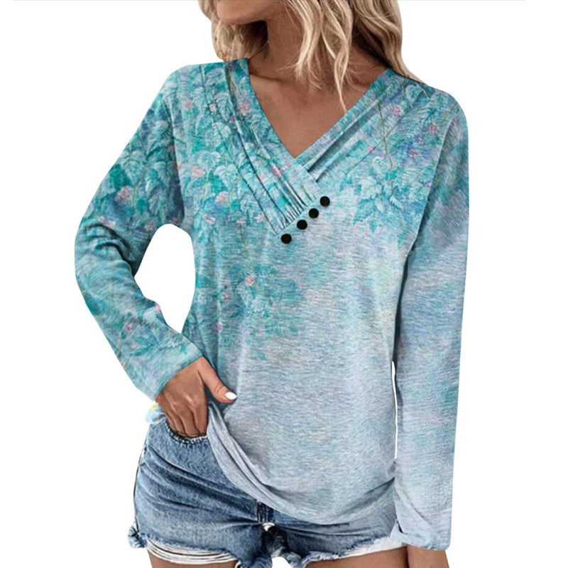 Damen Gerippter V-Ausschnitt Pullover mit Farbverlauf, Zierknöpfen und legerer Passform Drune