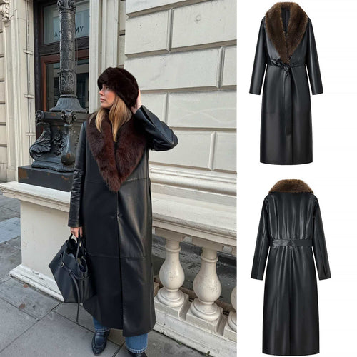 Damen eleganter Kunstleder-Mantel mit abnehmbarem Kunstfellkragen Drune