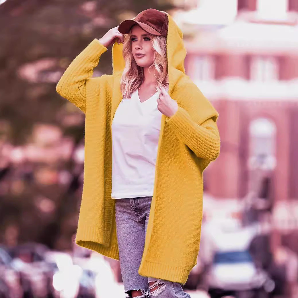 Damen lässiger Strickcardigan mit Kapuze und großen Taschen Drune