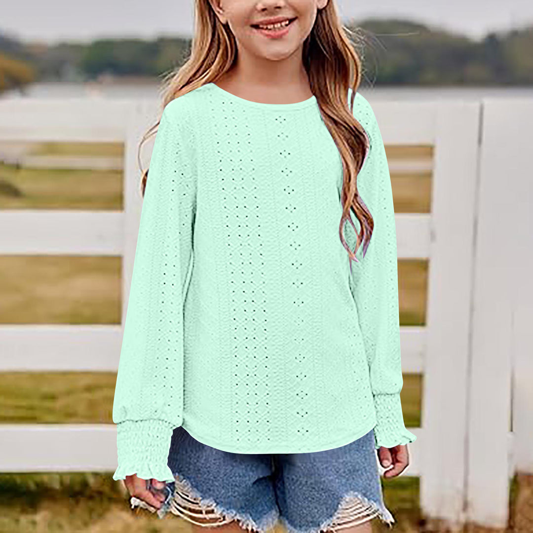 Damen Ajourgestricktes Oversize-Pullover-Shirt mit Ballonärmeln und Rüschenbündchen Drune