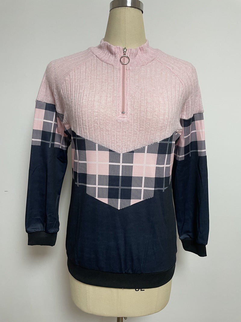 Damen nan weichgriffiger Sweatpullover mit Kurzreißverschluss, Stehkragen und Karopaneel Drune