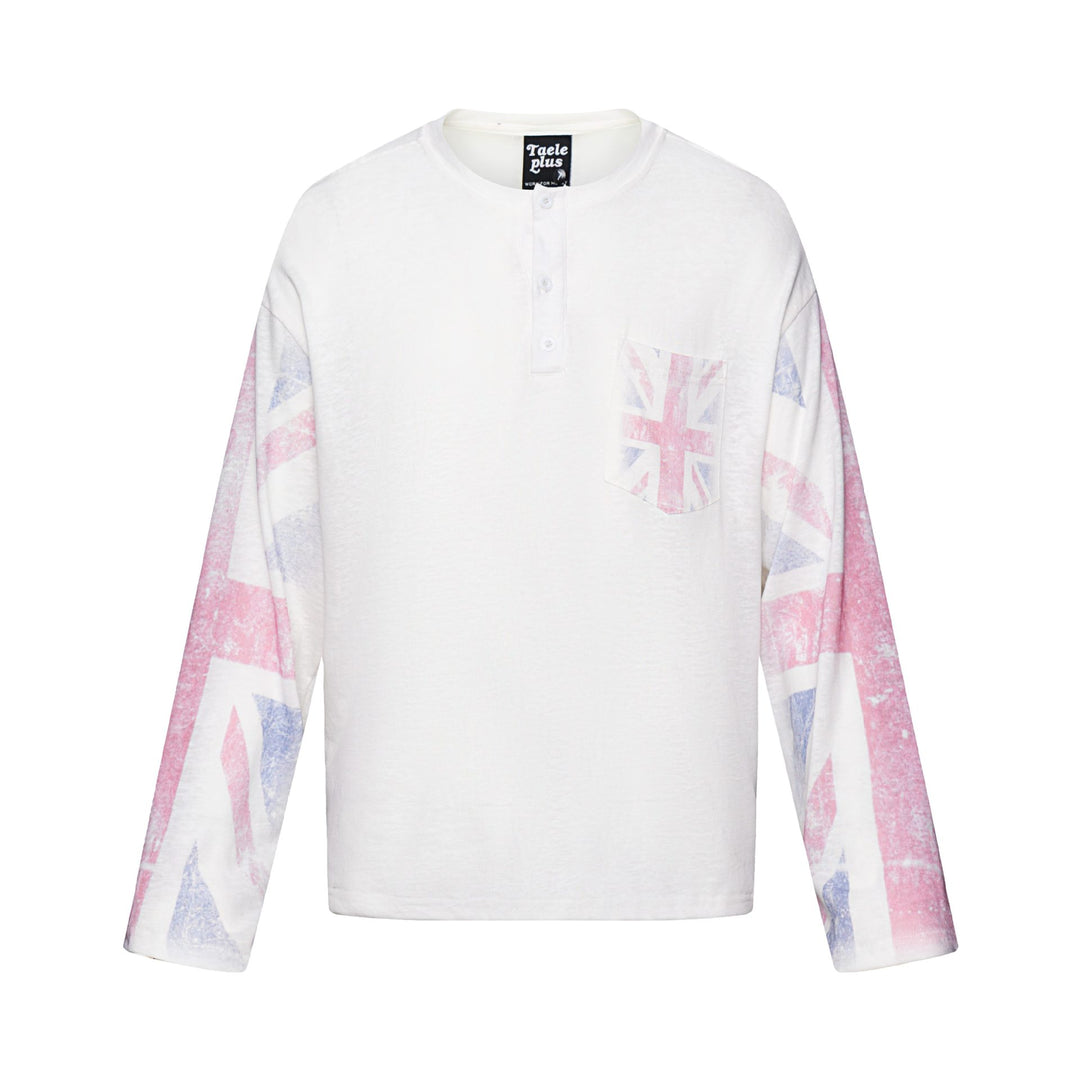 Unisex Langärmeliges Henleyshirt mit Brusttasche und Vintage-Flag-Print Drune