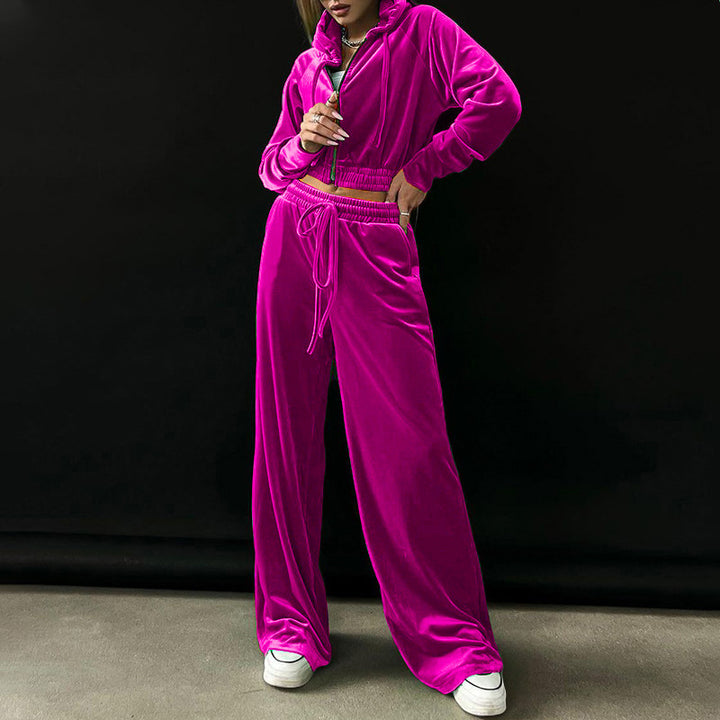 Damen Sportlicher Velour-Jogginganzug mit hohem Bund Drune