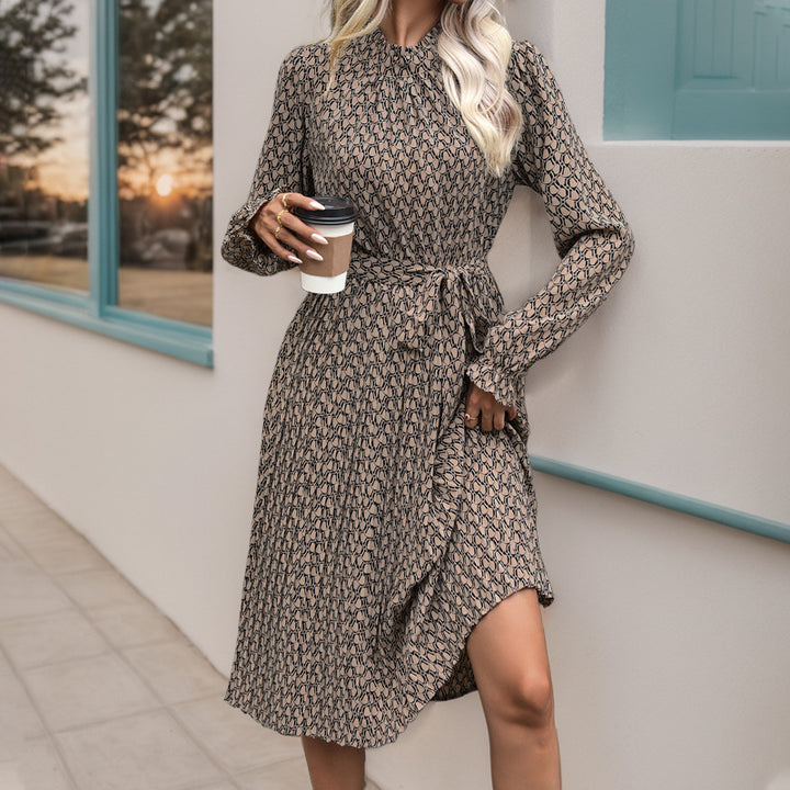 Damen Midikleid mit Stehkragen, taillierter Schärpe & asymmetrischem Saum Drune
