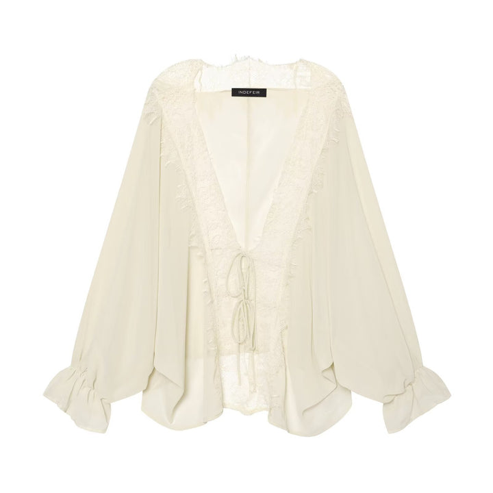 Damen Kaftan-Bluse mit Spitzenkante, Bindeband und Ballonärmeln Drune