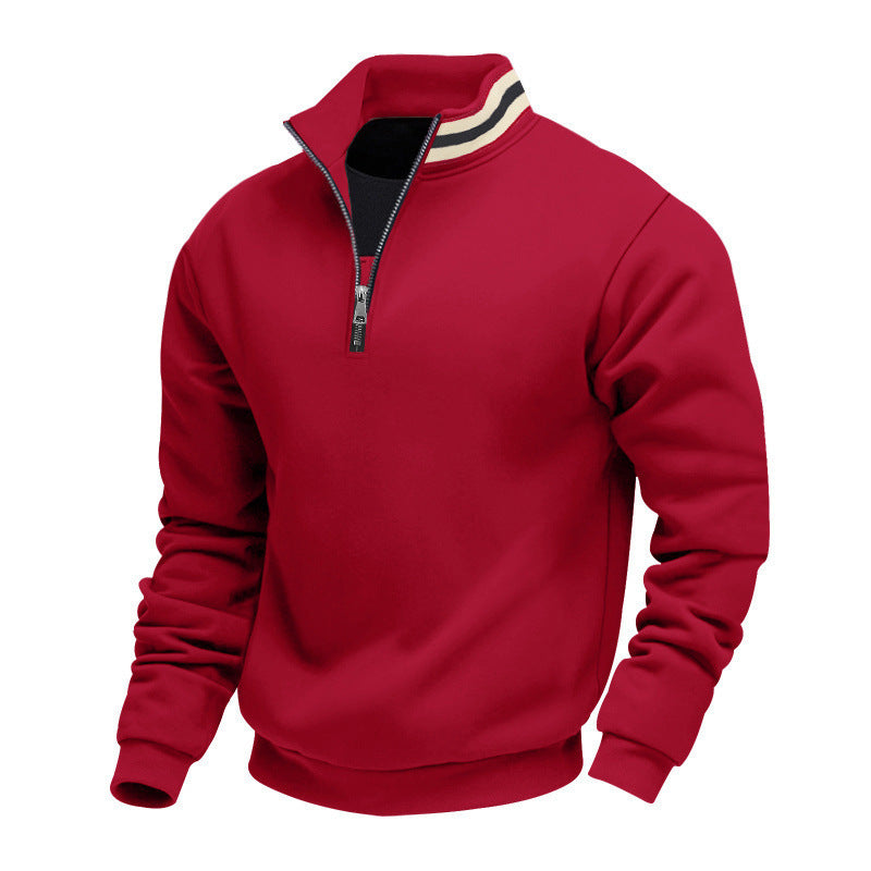 Herren nan Stehkragen-Halbzip-Sweatshirt aus Baumwollfleece mit Kontraststreifen am Kragen und gerippten Bündchen Drune