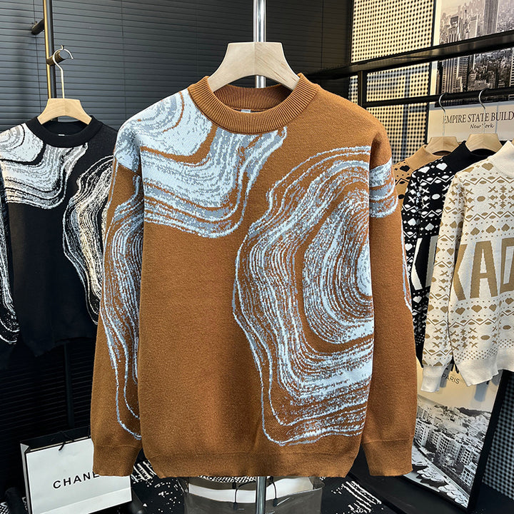 Herren Grobgestrickter Rundhalspullover mit abstraktem Marmor-Jacquard Drune