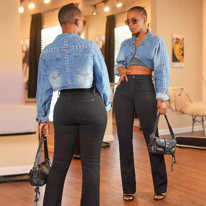 Damen cropped Jeansjacke mit Rüschendetails und taillierter Silhouette Drune