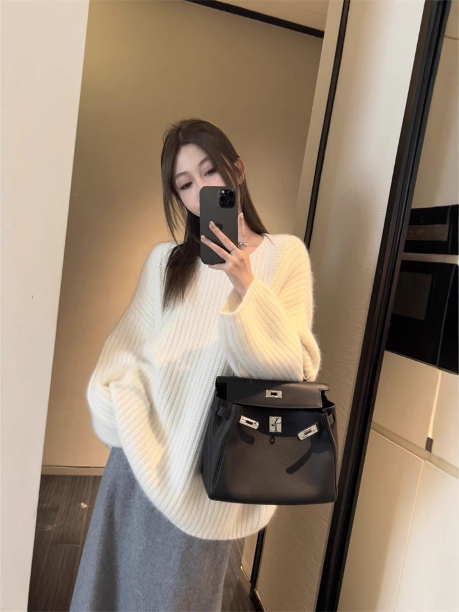 Damen Oversize Flauschpullover im Mohair‑Look mit strukturierter Rippenoptik Drune