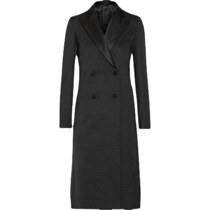 Damen taillierter Longcoat im Smoking‑Look mit Schalkragen Drune