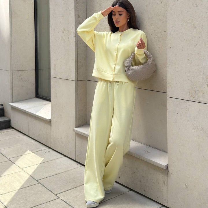 Damen Zweiteiliges Loungewear-Set mit verdeckter Druckknopf-Cardigan und weiten High-Waist Jogpants Drune