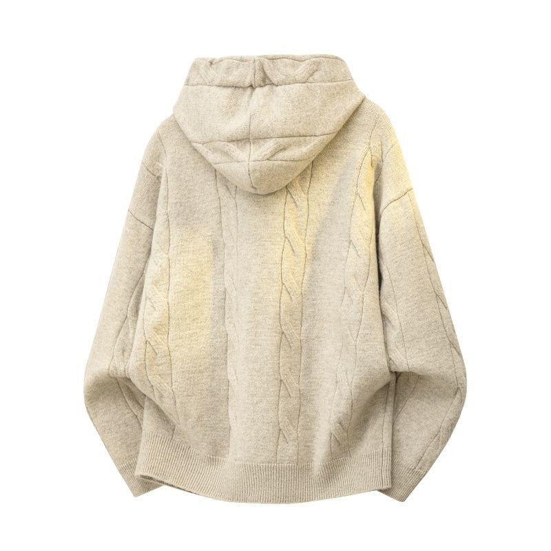 Damen Oversize-Kapuzen-Strickjacke mit Zopfmuster & Knopfleiste Drune