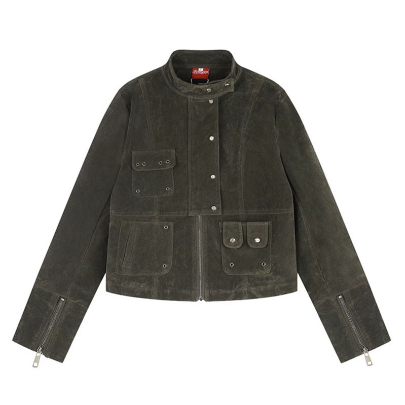 Damen kurze Wildleder-Utilityjacke mit Stehkragen, Mehrfachtaschen und Reißverschluss Drune