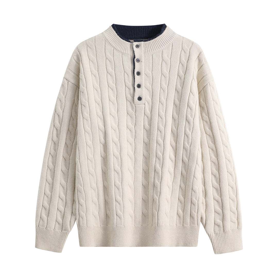 Unisex Oversize Zopfstrick-Henley-Pullover mit Knopfleiste und geripptem Saum Drune