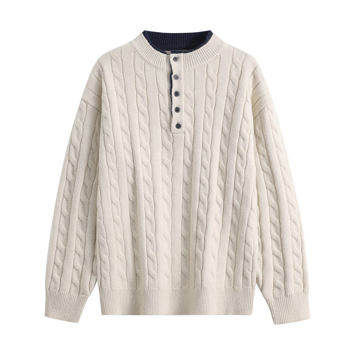 Unisex Oversize Zopfstrick-Henley-Pullover mit Knopfleiste und geripptem Saum Drune