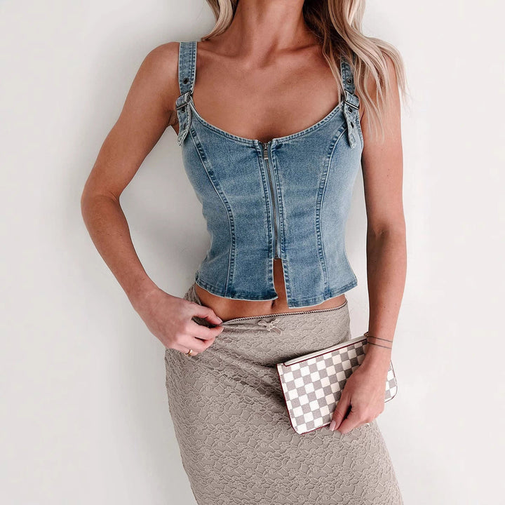Damen Denim-Corsage mit Reißverschluss und verstellbaren Trägern Drune
