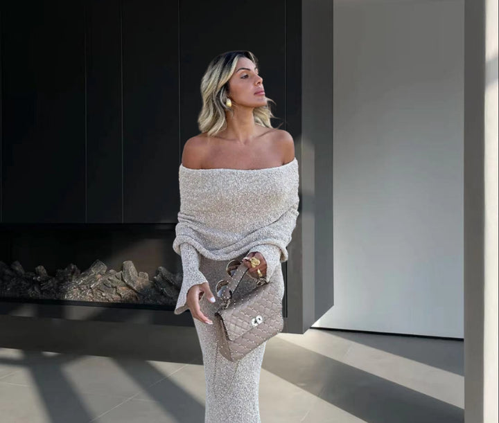 Damen Strickkleid mit Off-Shoulder Design und glitzerndem Effekt Drune