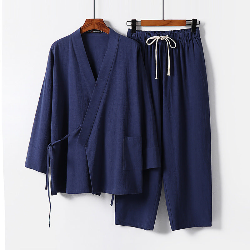 Unisex Leichtes Kimono-Lounge-Set aus weichfallendem Baumwoll-Mix mit Tunnelzughose Drune