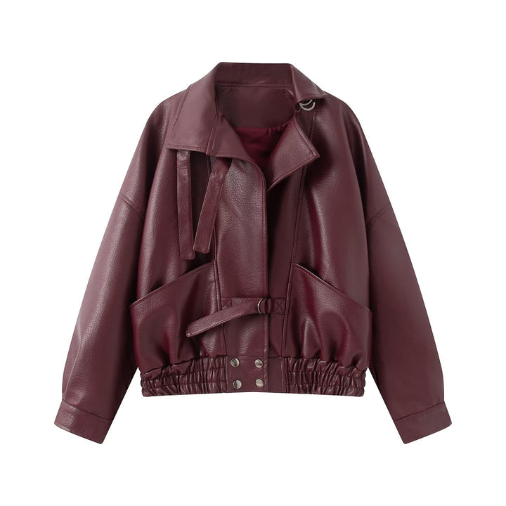 Damen Oversize Lederimitat-Bomberjacke mit elastischem Saum und Taillengürtel Drune