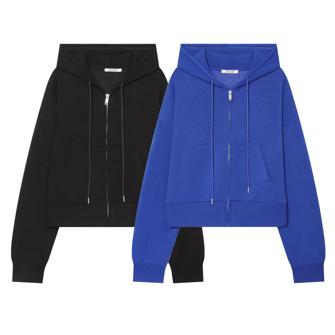 Damen Cropped Sweatjacke mit Metallreißverschluss, Kängurutasche und oversized Kapuze Drune