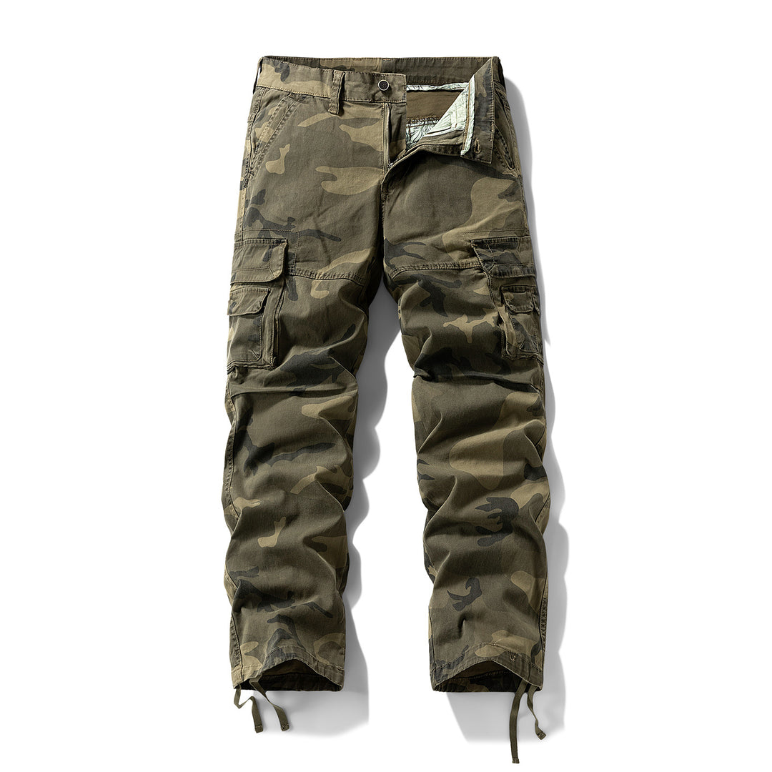 Herren Cargo-Hose mit Camouflage-Muster, Relaxed-Fit, Mehrfach-Taschen und Kordelzug am Saum Drune