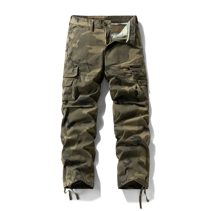 Herren Cargo-Hose mit Camouflage-Muster, Relaxed-Fit, Mehrfach-Taschen und Kordelzug am Saum Drune