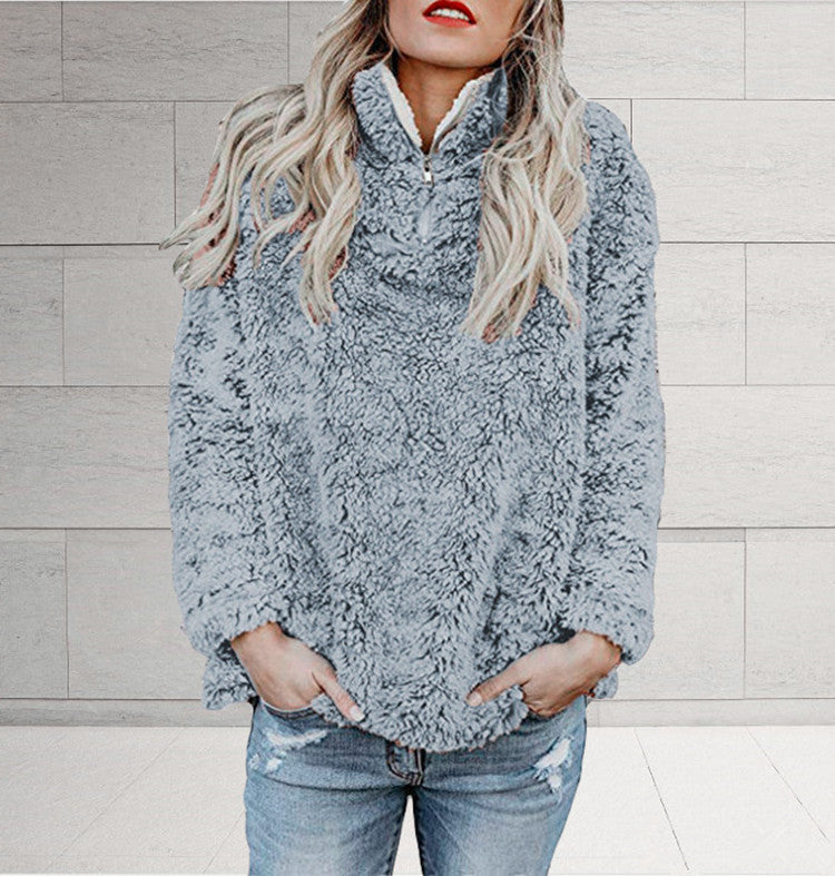 Damen Flauschige Fleece-Pulloverjacke mit hohem Kragen und Reißverschluss Drune