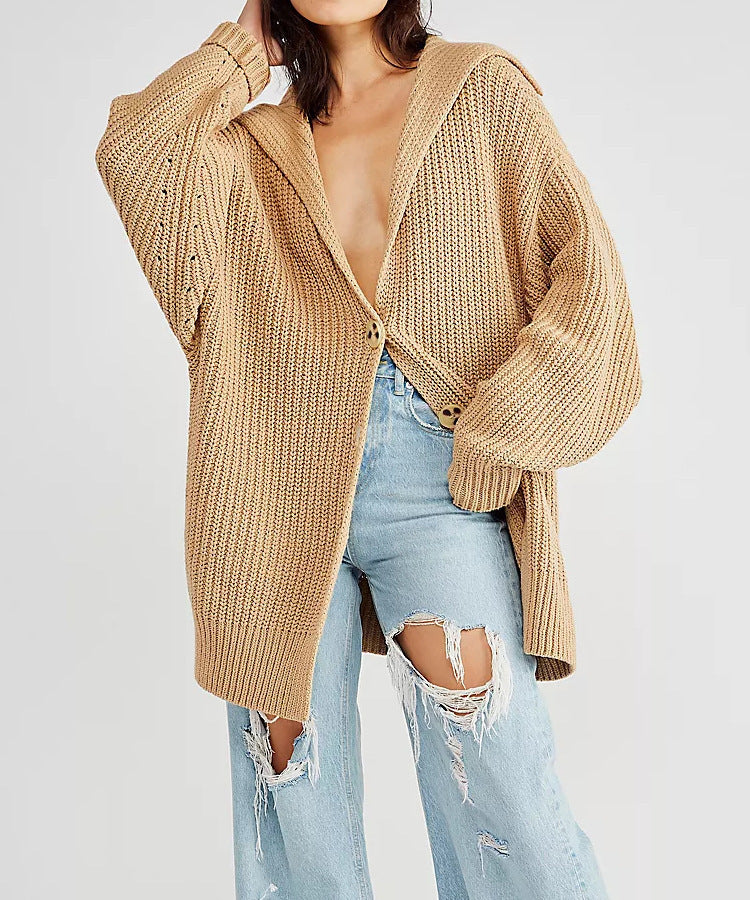 Damen Grobstrick Cardigan mit offenem Design und großem Kragen Drune