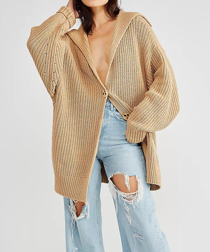 Damen Grobstrick Cardigan mit offenem Design und großem Kragen Drune