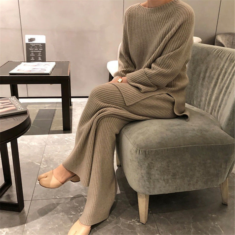 Damen modisches Strickensemble mit lässigem Pullover und weitem Hosenabschluss Drune