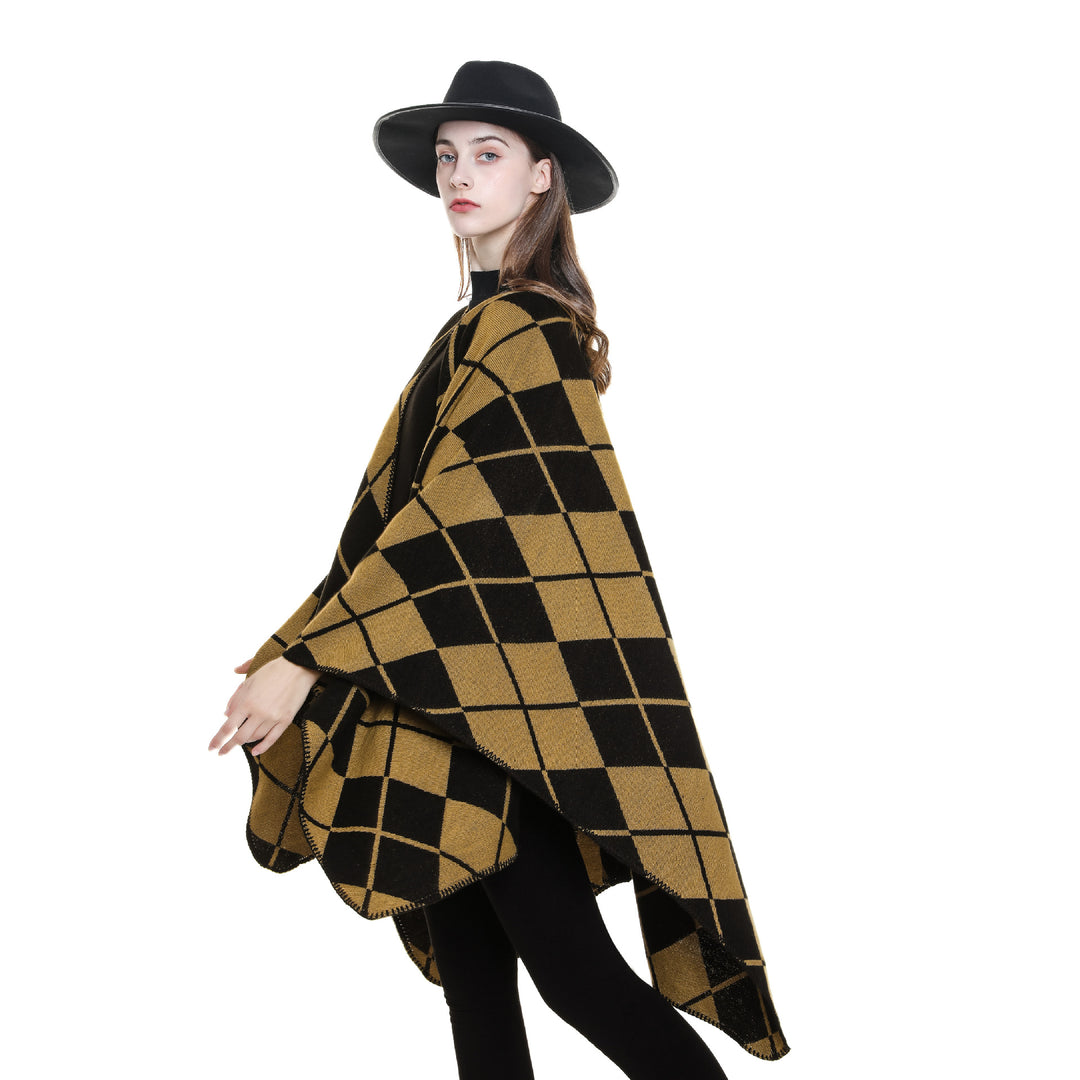 Damen Oversize-Cape im Plaid‑Deckenstil aus Wollmix mit offenem Fall Drune