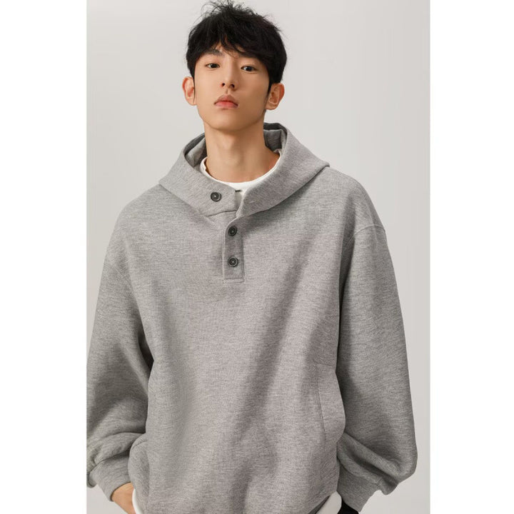 Herren Oversized Kapuzenpullover mit 3‑Knopf‑Leiste und seitlichen Eingrifftaschen Drune