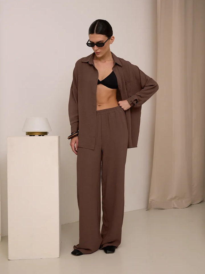 Damen Zweiteiliges Lounge-Set Oversize-Bluse mit Brusttasche und weiter Palazzo-Hose Drune