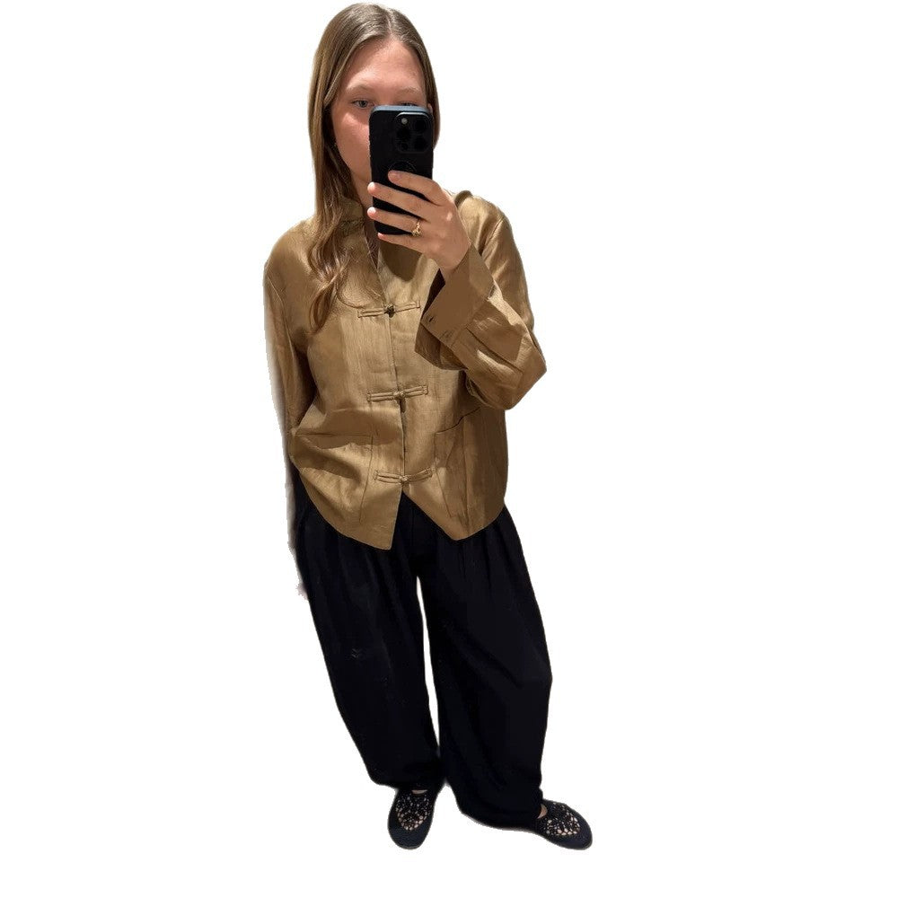 Damen Chinesisch-inspiriertes Tunika-Hemd mit Stehkragen, Knotenverschlüssen & Crinkle-Textur Drune