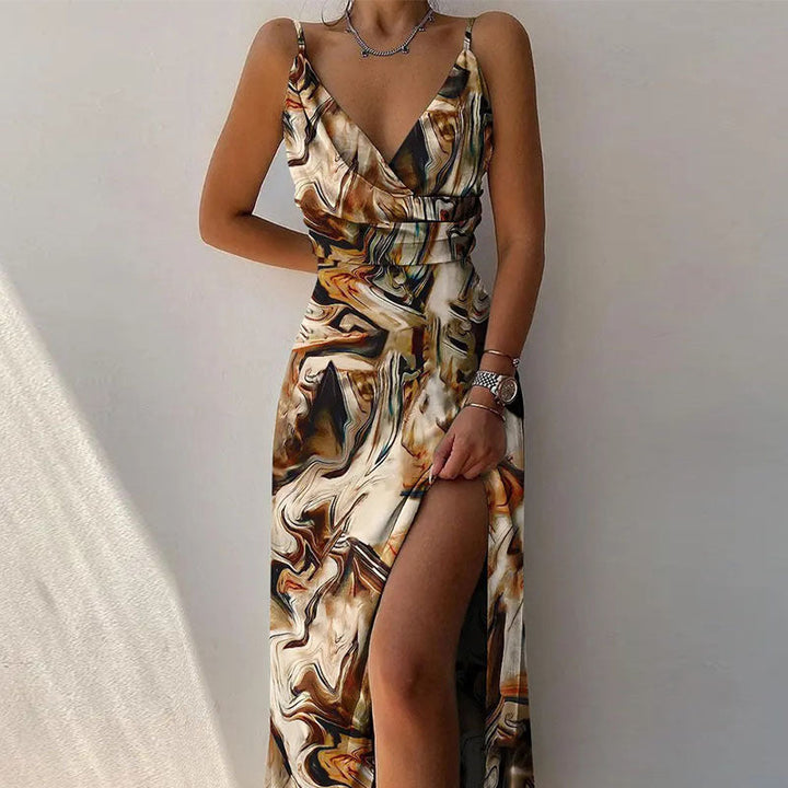 Drune | Kleid mit Hosenträgern und V-Ausschnitt mit geteiltem Print
