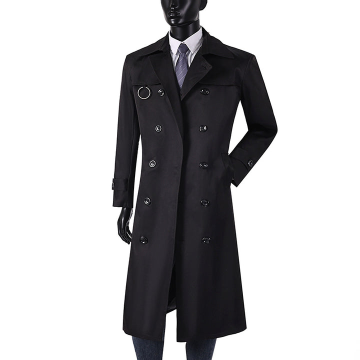 Herren Doppelreihiger Trenchcoat mit Taillierung, Reverskragen und dekorativem Metallring Drune