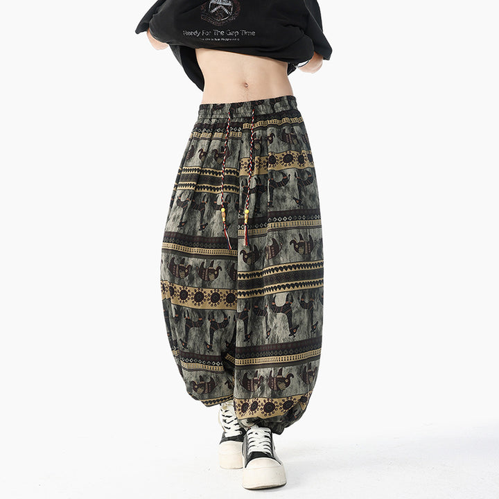 Damen Weite Boho-Haremshose aus Baumwollmix mit elastischem Bund und Ethno-Print Drune